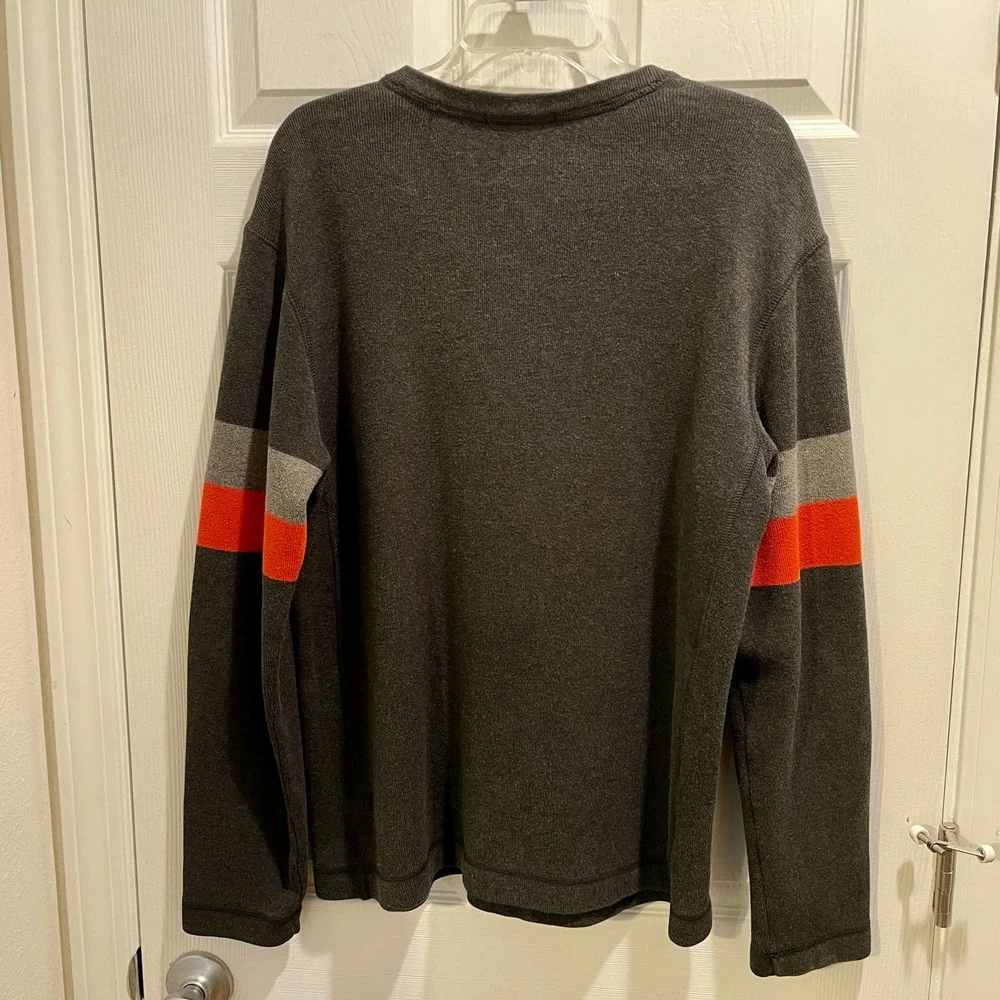 Banana Republic Mens Medium V-Neck Sweater Pullover Gray+Stripe Sleeve 400 S1262